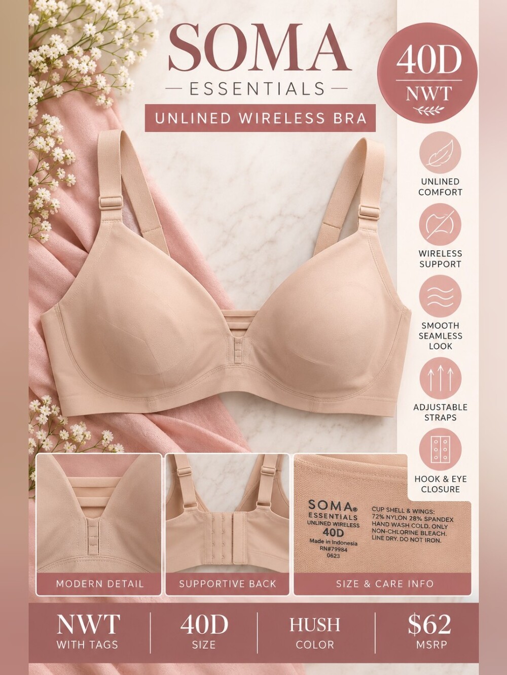 NWT Smooth, wireless bra in a light Soma Essentials Unlined Wireless Bra 40D